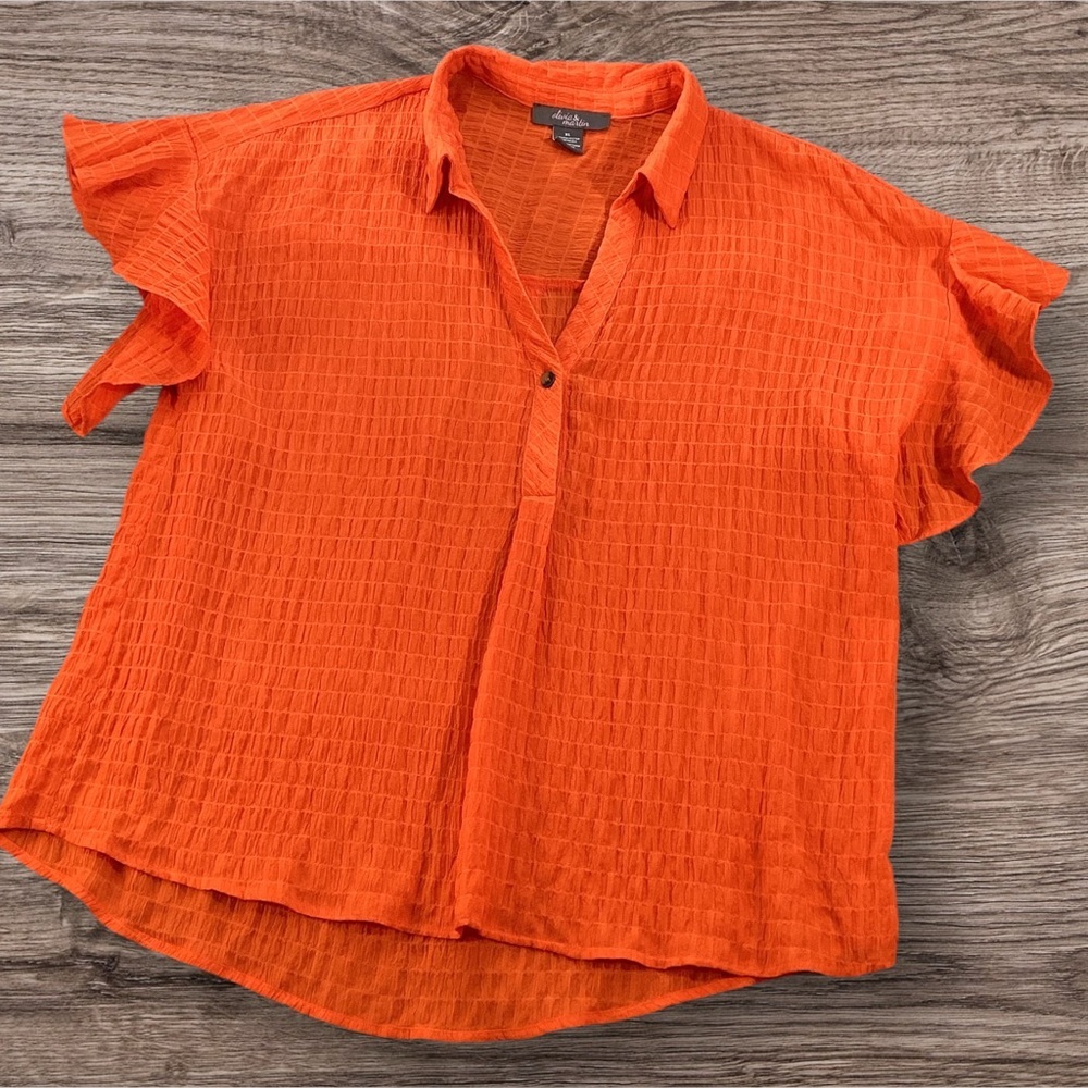 Vintage Olivia & Martin Waffle Weave Pullover V Neck Short Ruffle Sleeve Top XL